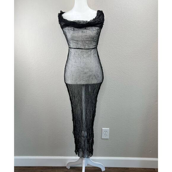 PrettyLittleThing Black Sheer Crush Cowl Neck Swim Cover Maxi Beach Dress 0 NWT - Picture 11 of 12